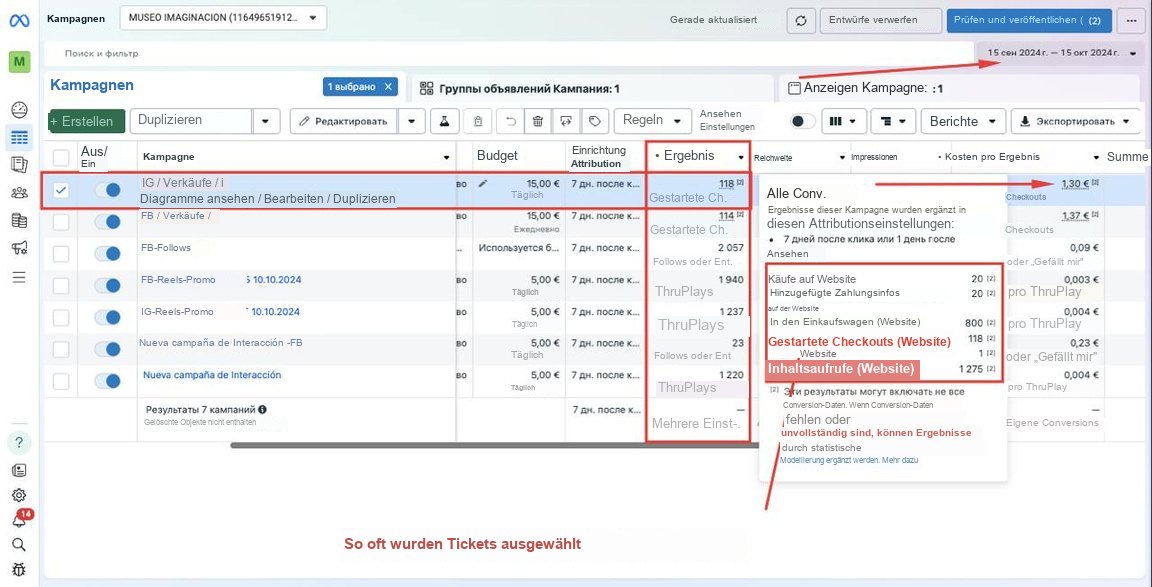 Meta Ads · 15.09.–15.10.2024 — Instagram: 20 Käufe auf der Website