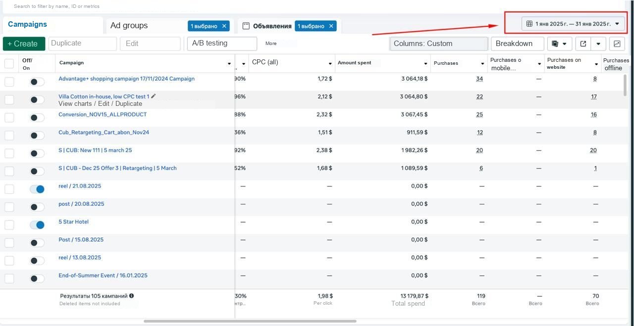 Meta Ads · January 2025 — spend $13,179.87