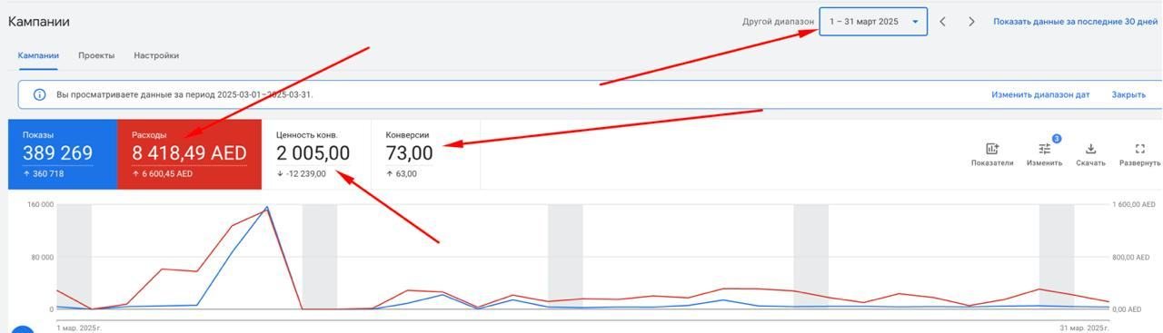Google Ads · март 2025 — расход 8 418,49 AED, продажи 2 005 AED