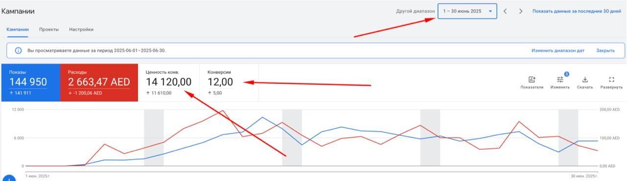 Google Ads · июнь 2025 — расход 2 663 AED, продажи 14 120 AED