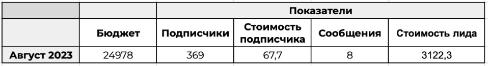 Сводная таблица · август 2023 — бюджет 24 978 ₽, 369 подписчиков, 8 обращений