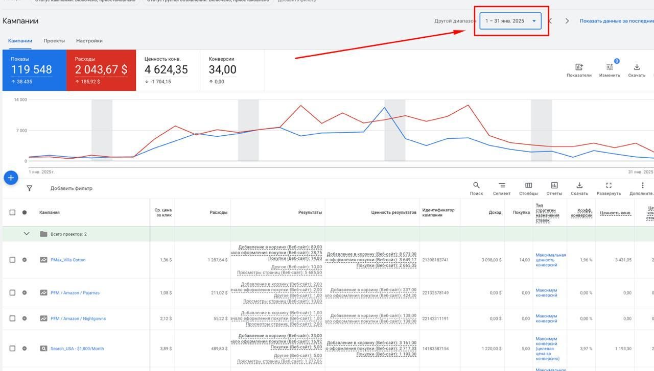 Google Ads · январь 2025 — расходы $2 043,67